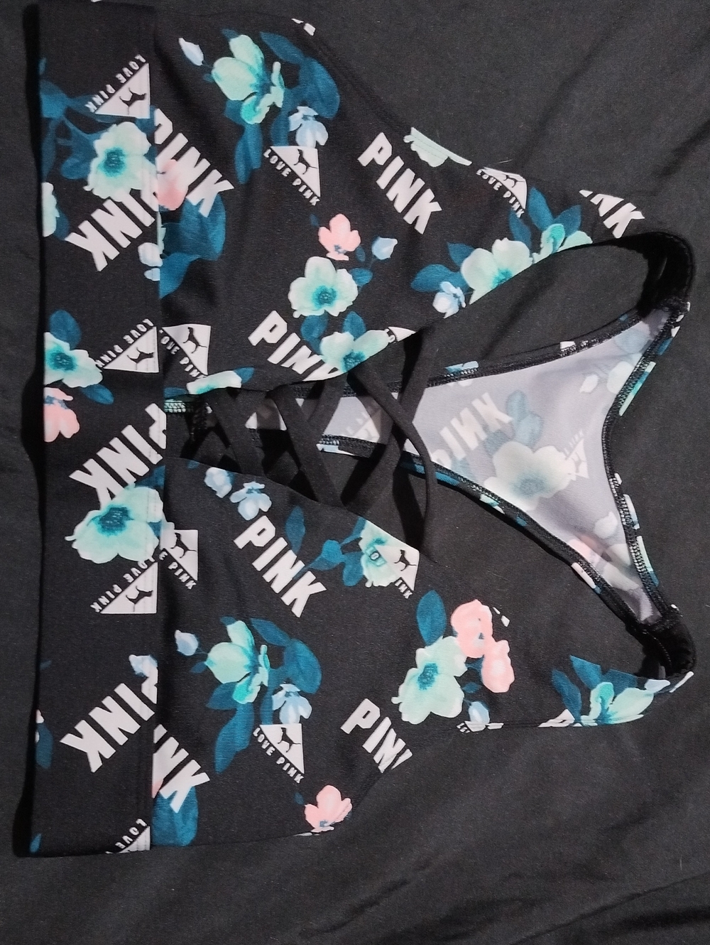 PINK Victoria's Secret Black Floral Girls One-Piece with Teal & Pink Accents